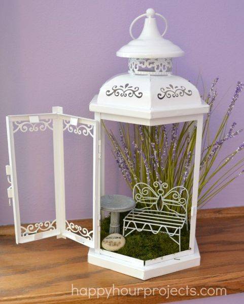 fairy garden in a white lantern