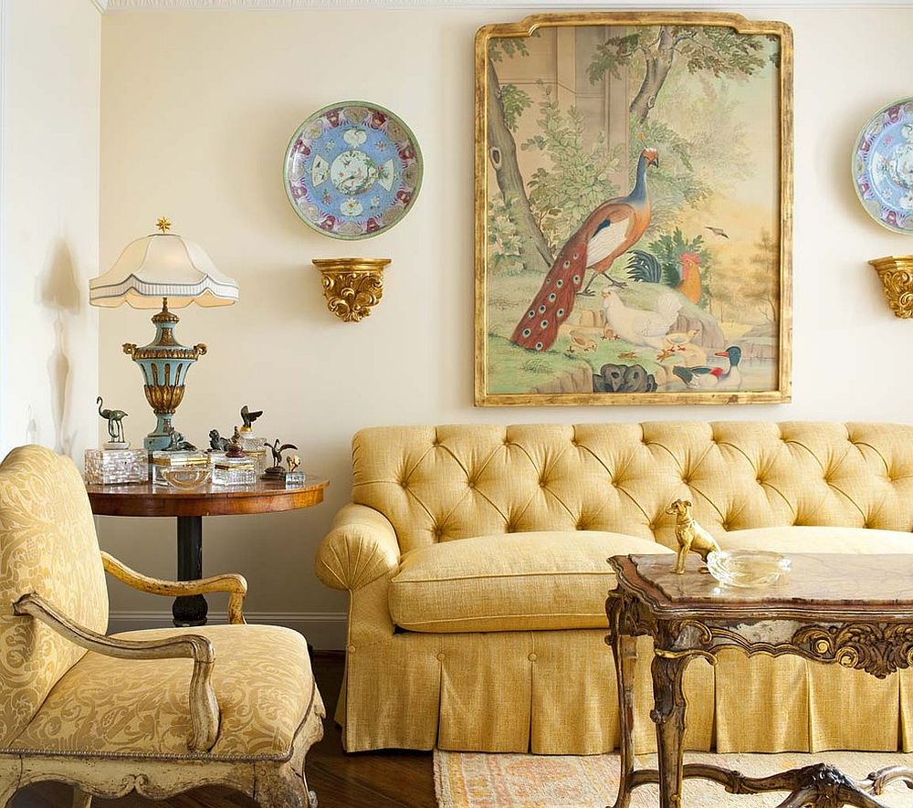Skirted sofa in yellow for the traditional living room [Design: Isler Homes]