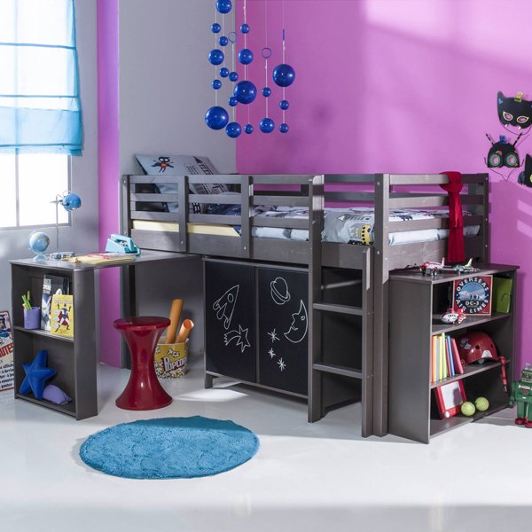 Bedroom with purple paint and a unique bed that has chalkboards that feature space-themed drawings.