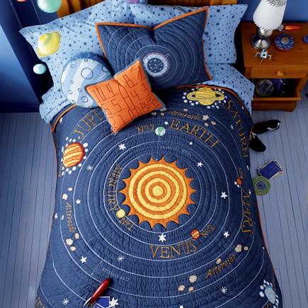 Space children's room with a bed that has covers that feature the sun in the center with planet names around it.