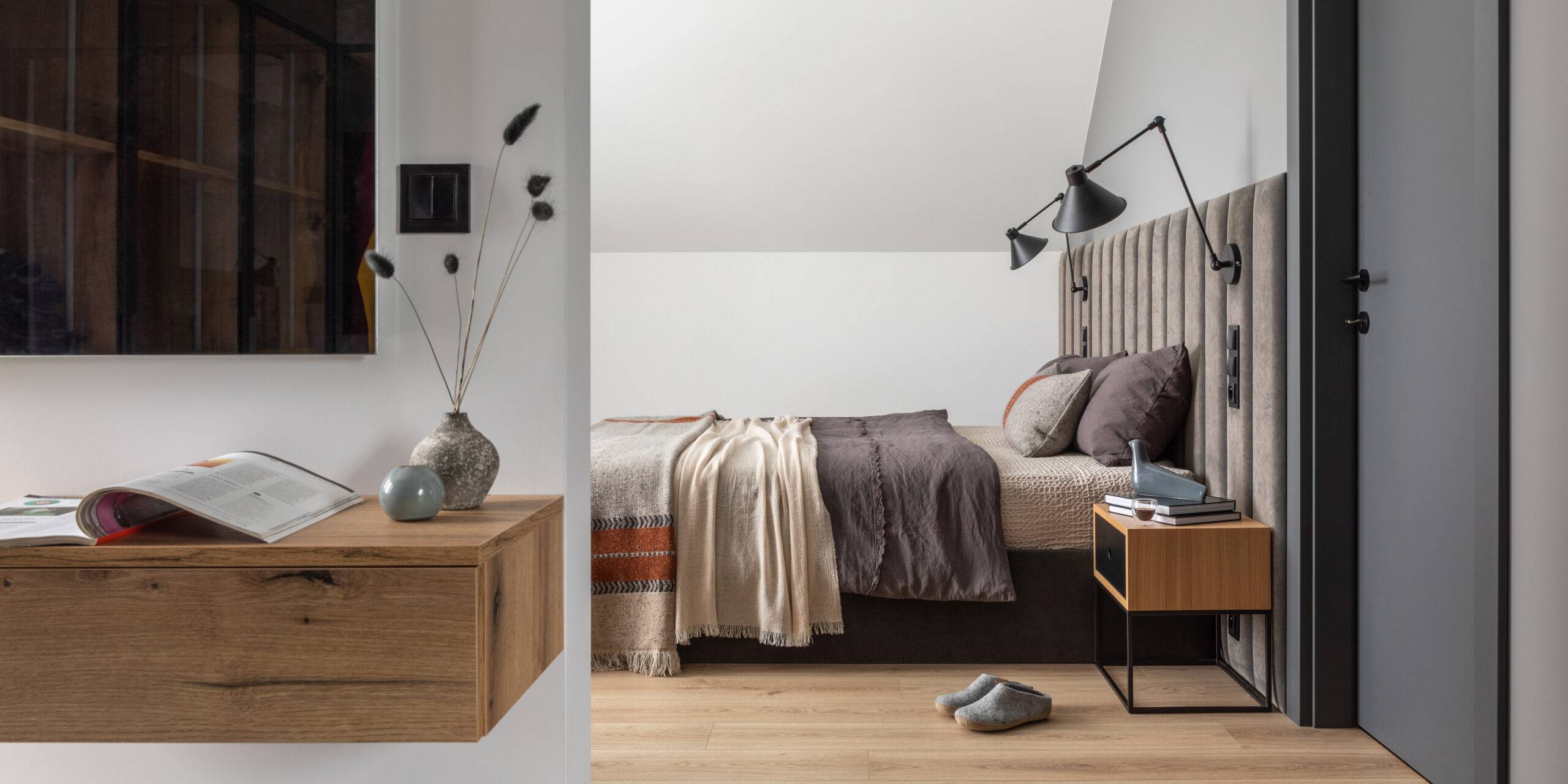 Stylish composition of bedroom interior with velvet bed, shelf, design lamp, bedroom textiles and elegant accessories. Template. Design. home decor.