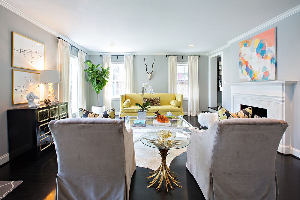 Yellow couch becomes the focal point of this contemporary living room [Design: Sally Wheat Interiors]