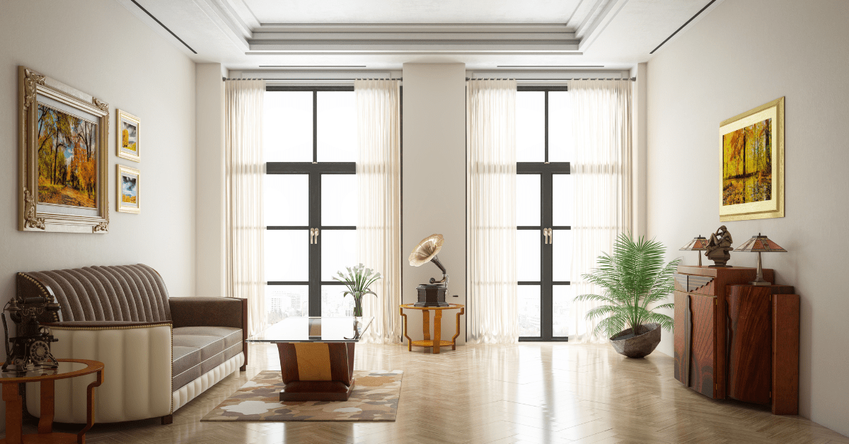 Bright art deco styled living room.