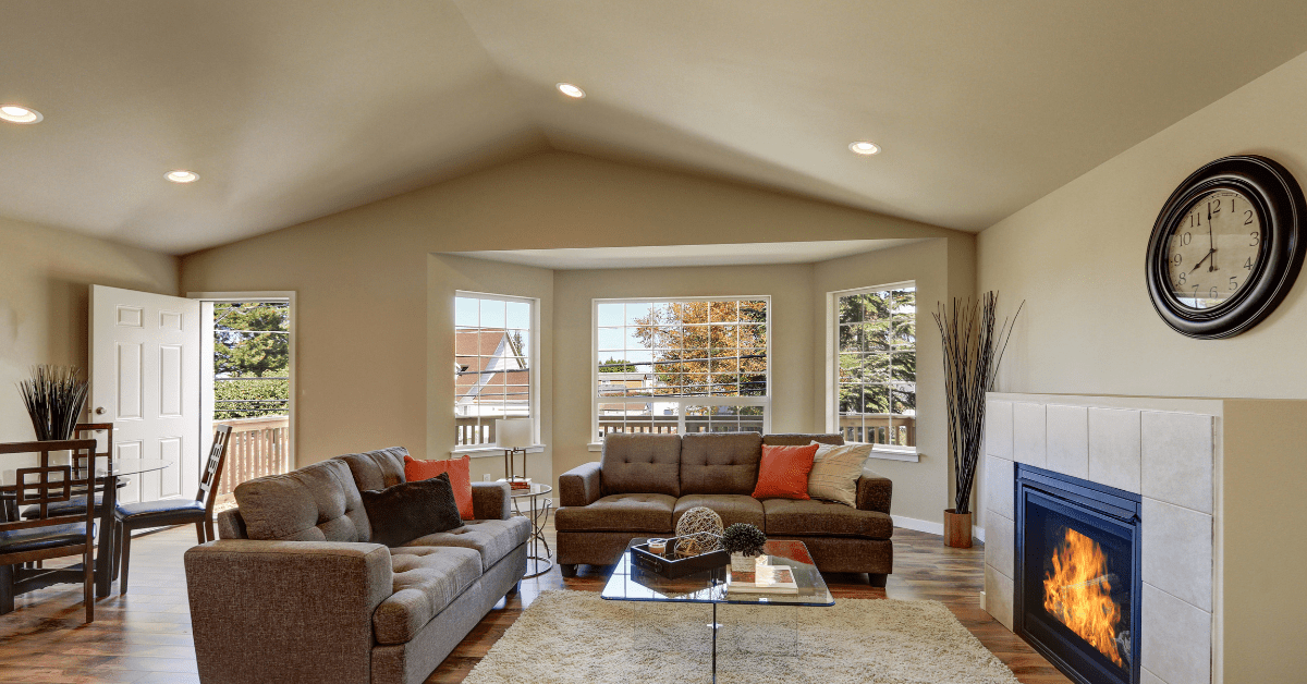 A living room with vaulted ceiling.