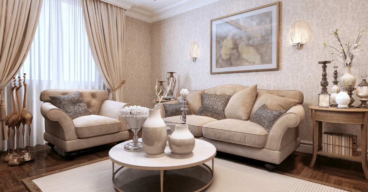 A large art deco living room with round coffee table.